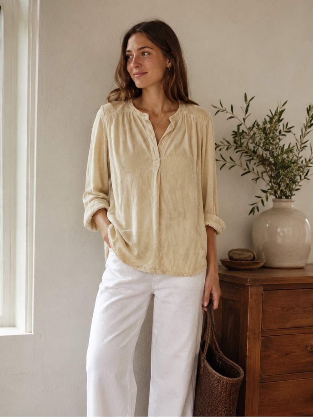 CP Shades Light Beige Velvet Peasant Tunic Top